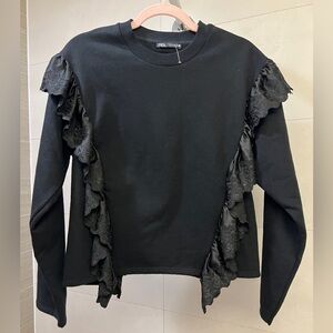 Zara Ruffle Trim Soft Fleece Black Sweatshirt - size S - NWOT